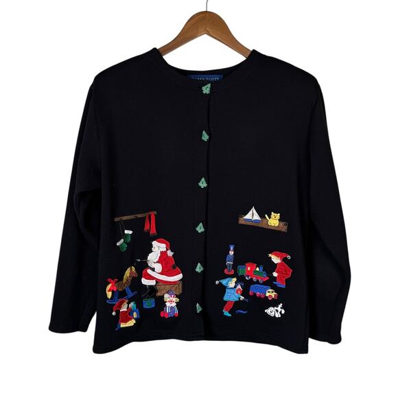 Karen Scott Black Christmas Embroidered and Embellished Button Up Cardigan - Picture 1 of 11